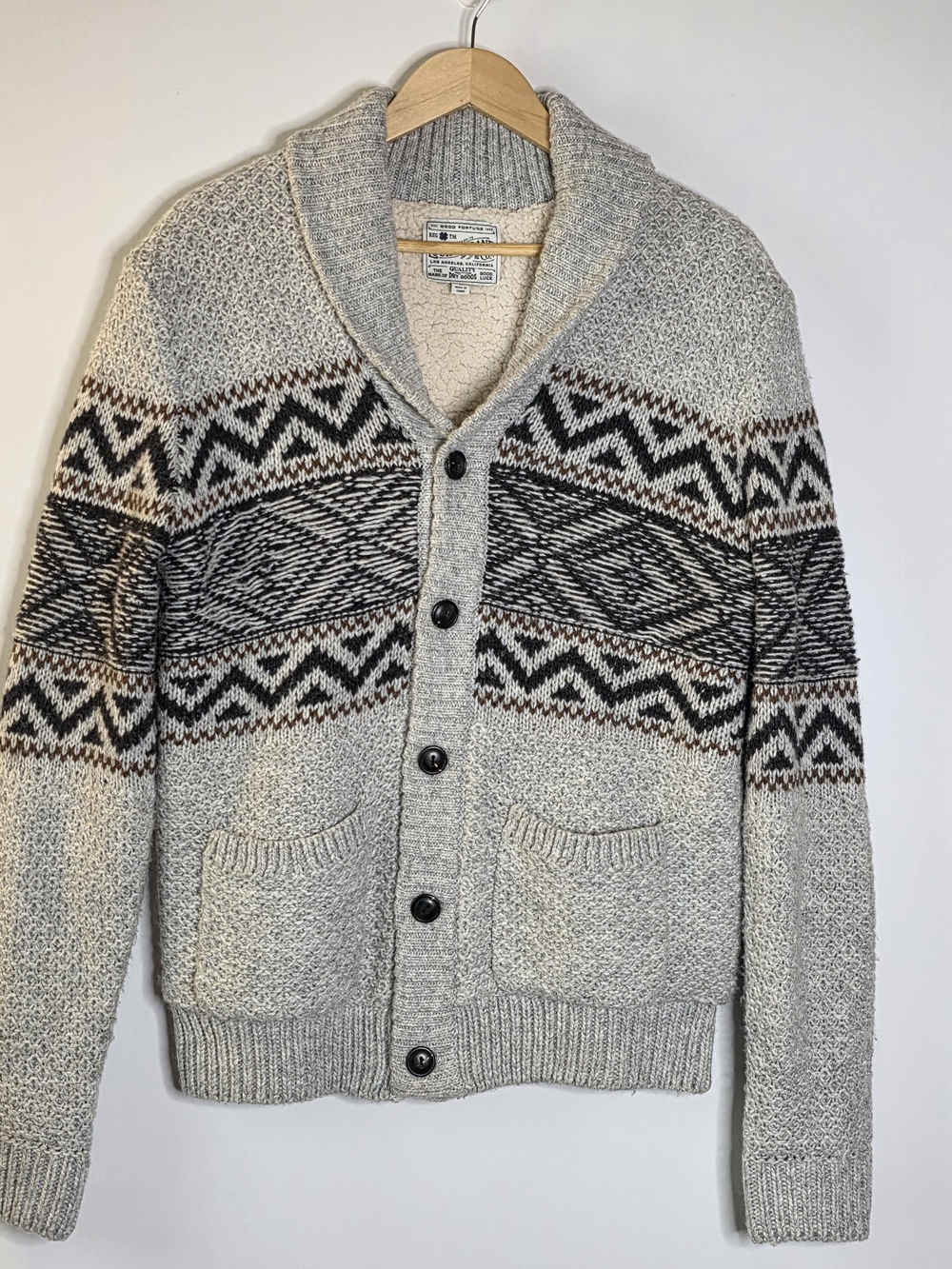 Lucky Brand Sherpa Lined Shawl Collar Fair Isle Knit Cardigan Sweater Medium